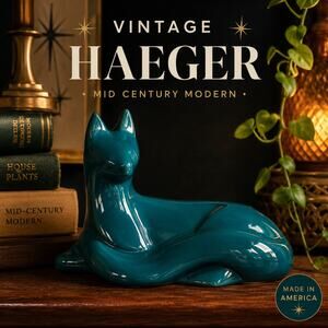 Vintage Haeger Peacock Teal Ceramic Cat Figurine MCM Decor